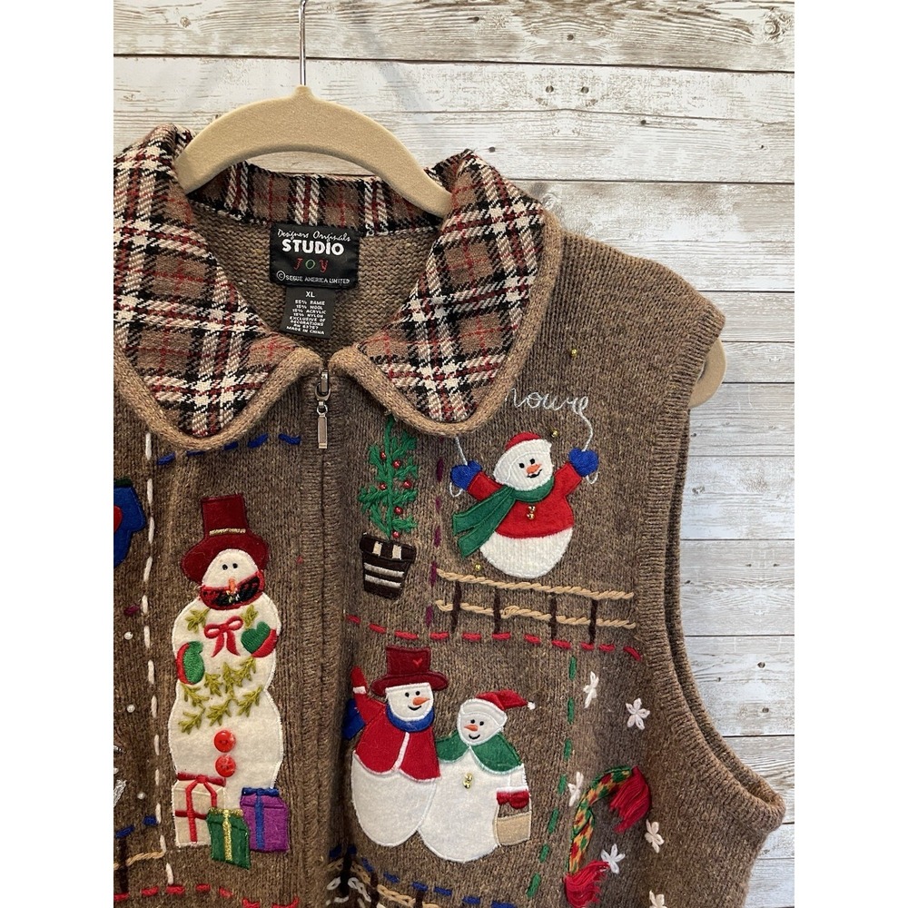 Vtg Designer Original Womens XL Christmas Sweater Vest Snowmen Plaid Collar Zip